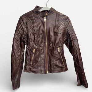 Michael Kors Women Dark Brown Leather Zip Up Jacket with Gold Zippers Size Small